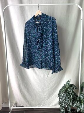 twiggy LONDON Navy Floral Ruffle Tie-Neck Blouse